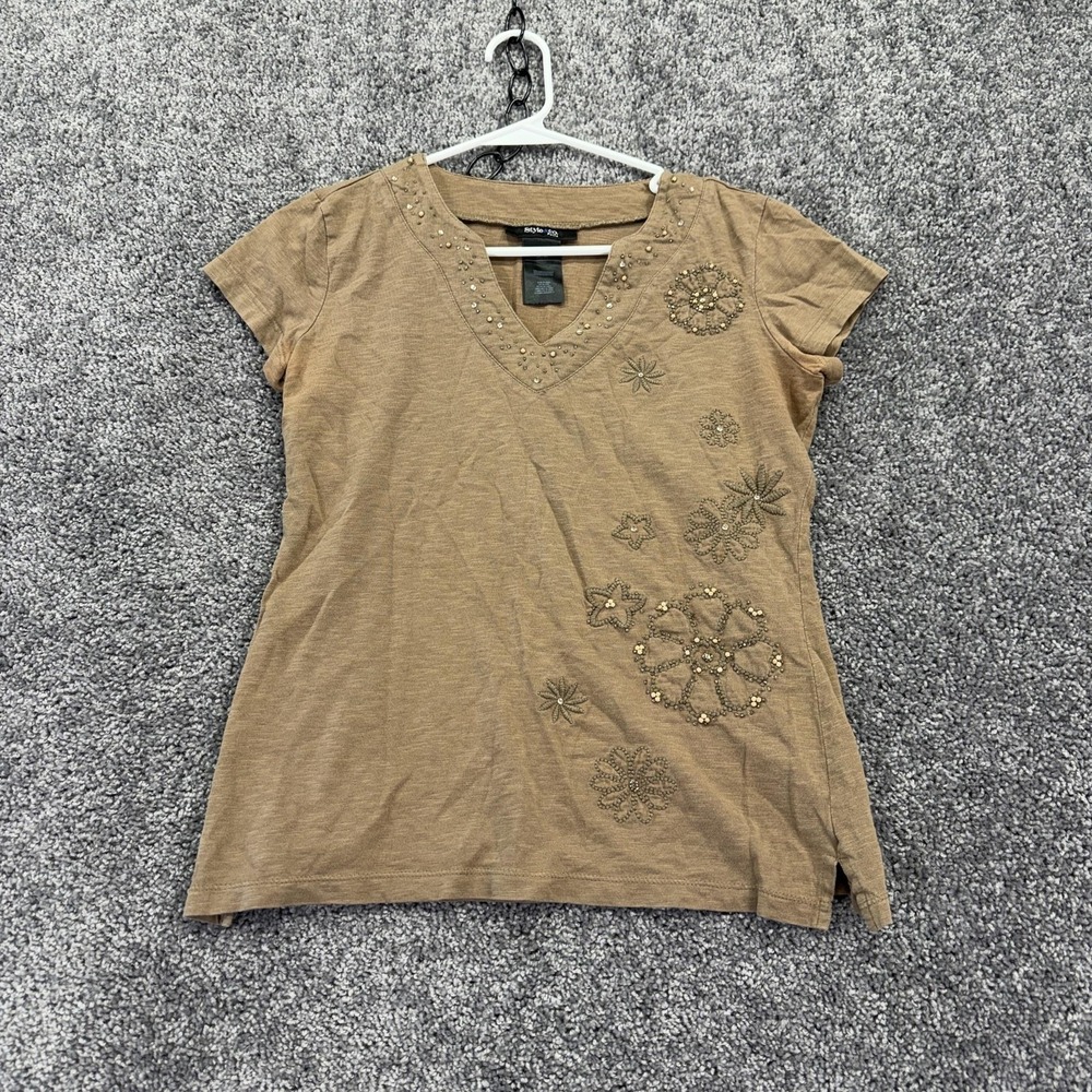 Style & Co. Shirt Womens M Petite Brown Beaded Floral V Neck Casual Jersey Tee